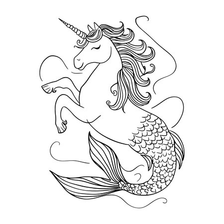 Charming unicorn vector design featuring a magical horse with moon and stars in beautiful line art style. Perfect for kids coloring pages, fantasy artwork, tshirt prints, and creative designs. Great for posters, nursery decor, and dreamy fairytale themes.のイラスト素材