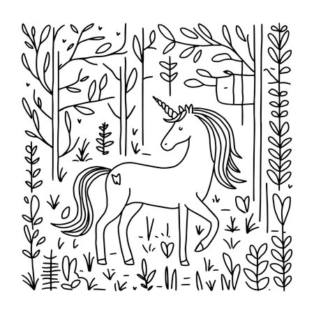 Graceful unicorn vector design set in a forest with trees and plants drawn in elegant line art style. Perfect for kids coloring pages, fantasy artwork, tshirt prints, and posters. Great for creative projects that celebrate imagination, nature, and magical creatures.のイラスト素材