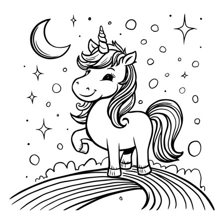 Trendy unicorn vector design featuring a fun magical horse wearing sunglasses with a heart symbol. Perfect for kids coloring pages, tshirt prints, digital art, and fantasy projects. Great for posters, decor, and cute creative designs full of playful magic style.のイラスト素材