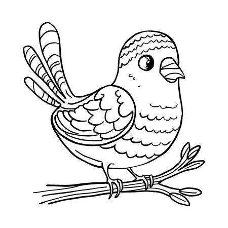 adorable bird line art vector illustration featuring a cute cartoon bird sitting on a branch with detailed feathers perfect for coloring pages t shirt designs children books nursery wall art and creative craft projects simple and fun black and white drawing for digital useのイラスト素材