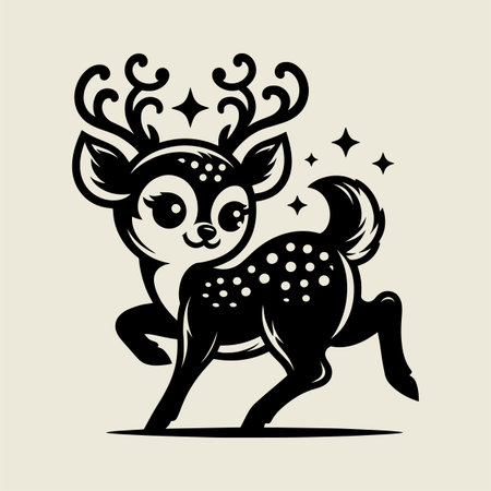 Adorable cartoon deer outline vector with big eyes and antlers in playful style. Perfect for t shirt design, kids illustrations, stickers, and decorative prints. Creative line art drawing ideal for animal themed artwork, minimalist tattoos, and digital graphic design projects.のイラスト素材
