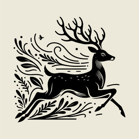 Dynamic deer outline vector illustration featuring a running stag with antlers in bold line art. Perfect for t shirt design, wildlife artwork, hunting themes, and creative prints. Elegant animal drawing ideal for nature lovers, minimalist logos, and outdoor graphic design projects.のイラスト素材