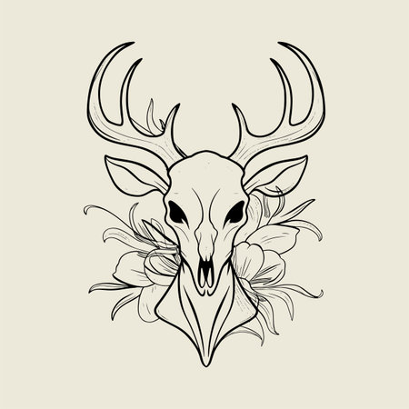 Detailed floral deer skull vector illustration featuring large antlers and botanical decoration in boho vintage style. Perfect for tattoos, t shirt prints, and decorative art projects. Elegant black line artwork ideal for digital art, crafts, and rustic nature inspired design.のイラスト素材