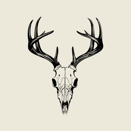 Detailed deer skull vector illustration decorated with flowers and large antlers in boho vintage style. Perfect for tattoo art, t shirt prints, and decorative wall design. Elegant black line drawing ideal for crafting, apparel, digital artwork, and creative nature inspired projects.のイラスト素材