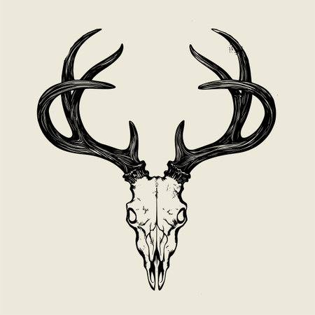 Detailed deer skull vector illustration featuring large antlers in vintage gothic style. Perfect for tattoo art, t shirt prints, and rustic wildlife themed designs. High quality black line art ideal for creative projects, digital artwork, and nature inspired decorative graphics.のイラスト素材