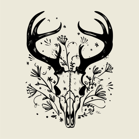 Artistic floral deer skull vector illustration with detailed antlers and blooming wildflowers in boho gothic style. Perfect for tattoo art, t shirt designs, wall decor, and creative digital artwork. Elegant black and white line drawing ideal for rustic and nature themed projects.のイラスト素材