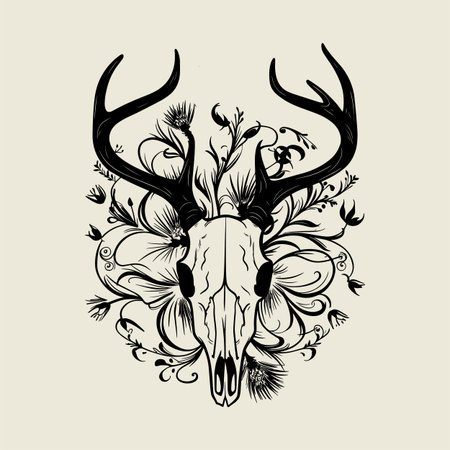 Detailed deer skull vector illustration featuring large antlers in vintage gothic style. Perfect for tattoo art, t shirt prints, and rustic wildlife themed designs. High quality black line art ideal for creative projects, digital artwork, and nature inspired decorative graphics.のイラスト素材