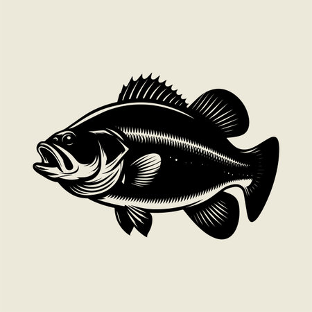 Dynamic bass fish vector illustration showing a big fish catching a lure in bold line art style....