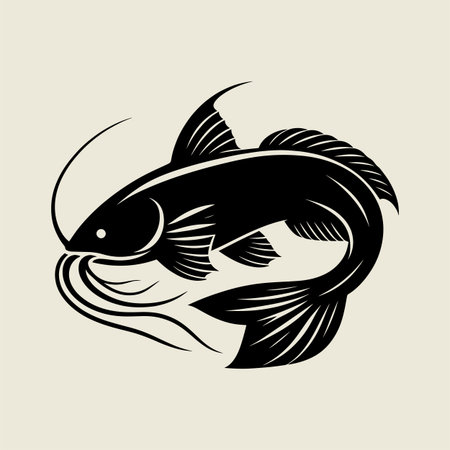 Detailed vintage fishing vector illustration showing a large fish with hooks, rods, and gear in retro engraving style. Perfect for tshirt prints, posters, badges, and outdoor sport art. Great for projects inspired by fishing adventures, marine life, and nature hobbies.のイラスト素材