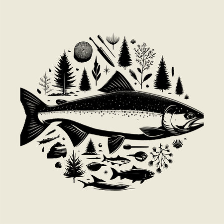 Creative vintage fish vector illustration with forest trees and nature elements forming a round scene. Perfect for tshirt prints, posters, stickers, and outdoor artwork. Great for fishing, camping, and adventure themed designs celebrating wildlife and natural beauty.のイラスト素材