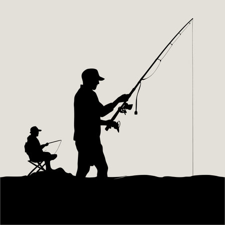 Silhouette vector showing a fisherman standing with a rod on a calm lake with hills and reflections. Perfect for outdoor adventure art, tshirt prints, posters, and vector crafts. Great for fishing lovers, nature themes, and black and white scenic illustrations with peaceful style.のイラスト素材