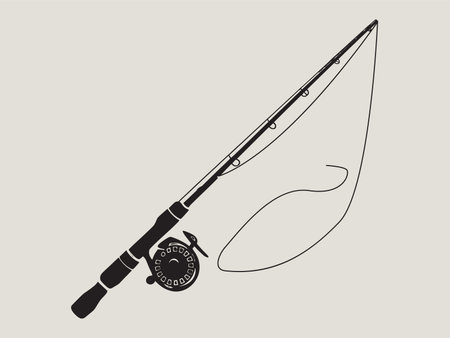 Minimalist fishing rod and reel line art design in black and white silhouette style. Perfect for outdoor lover designs, tshirt prints, decals, and vector crafts. Great for anglers and fishing enthusiasts who enjoy simple clean illustrations inspired by nature and adventure.のイラスト素材