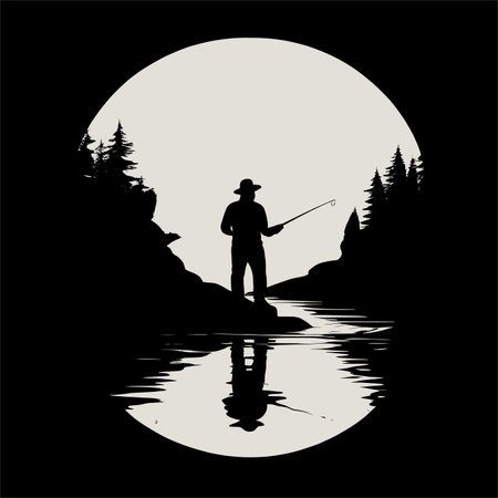 Beautiful fishing silhouette vector illustration featuring a fisherman at a river under the moon with trees and reflection. Perfect for tshirt prints, posters, and adventure artwork. Great for anglers, outdoor themes, and creative nature inspired graphic designs.のイラスト素材