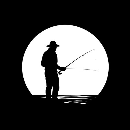Beautiful fishing silhouette vector illustration featuring a fisherman at a river under the moon with trees and reflection. Perfect for tshirt prints, posters, and adventure artwork. Great for anglers, outdoor themes, and creative nature inspired graphic designs.のイラスト素材