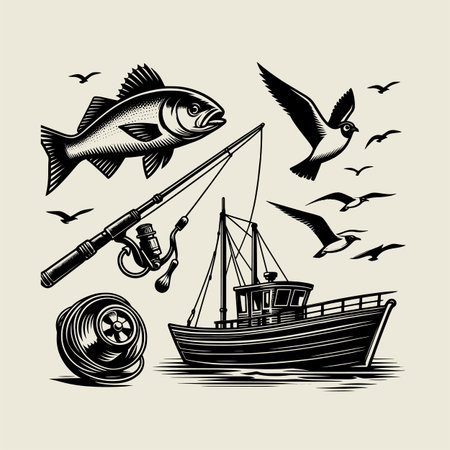 Detailed vintage fishing vector design featuring a fish, boat, reel, and seagulls in classic engraving style. Perfect for tshirt prints, posters, stickers, and marine artwork. Great for outdoor lovers, anglers, and creative designs inspired by fishing and adventure.のイラスト素材