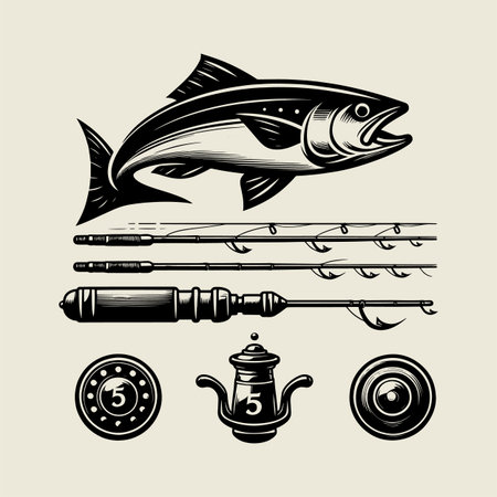 Detailed vintage fishing vector design featuring a fish, boat, reel, and seagulls in classic engraving style. Perfect for tshirt prints, posters, stickers, and marine artwork. Great for outdoor lovers, anglers, and creative designs inspired by fishing and adventure.のイラスト素材