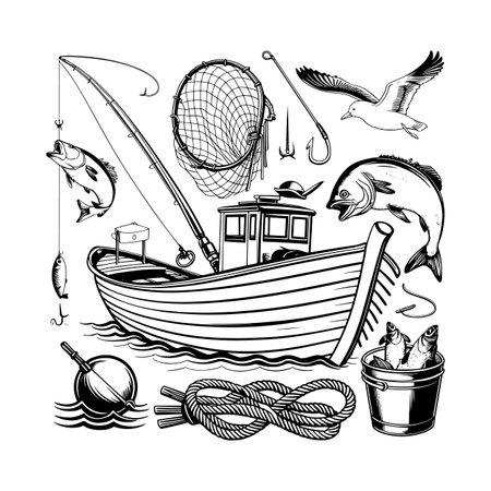 Detailed fishing boat vector illustration featuring a fish, fishing rod, and seagull in bold line art style. Perfect for t shirt designs, outdoor sport logos, and marine themed prints. Creative artwork ideal for anglers, adventure branding, and ocean inspired graphic projects.のイラスト素材