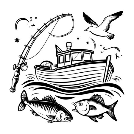 Vintage fishing illustration bundle including boat, fish, rod, net, rope, and gear in engraving style. Perfect for tshirt prints, posters, logos, and outdoor artwork. Great for anglers and adventure designs inspired by marine life, sport fishing, and nature themes.のイラスト素材