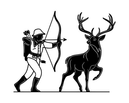 detailed hunter illustration featuring a man with rifle kneeling beside a deer skull and antlers drawn in bold black and white style perfect for t shirt design hunting club themes outdoor adventure artwork and creative print decoration ideal for wildlife and nature inspired graphicsのイラスト素材