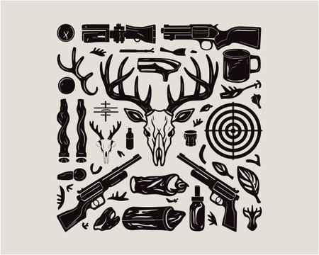 Detailed hunting vector design featuring a deer skull silhouette with antlers, rifles, and target symbols in bold line art. Perfect for tshirt prints, posters, logos, and outdoor themed artwork. Great for hunters and creative designs inspired by wildlife and adventure.のイラスト素材