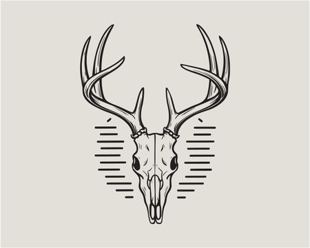 Detailed deer skull vector illustration with large antlers in hand drawn line art style. Perfect for t shirt design, hunting logos, wildlife art, and outdoor themed projects. Bold monochrome drawing ideal for rustic prints, nature graphics, and adventure style designs.のイラスト素材