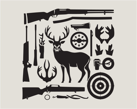 Detailed hunting vector design featuring a deer skull silhouette with antlers, rifles, and target symbols in bold line art. Perfect for tshirt prints, posters, logos, and outdoor themed artwork. Great for hunters and creative designs inspired by wildlife and adventure.のイラスト素材