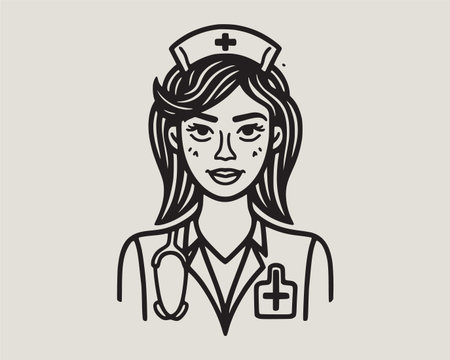 black and white nurse vector illustration featuring a female medical professional wearing a uniform and stethoscope perfect for healthcare posters logos clinic branding t shirt prints and educational projects clean line art style ideal for digital design and hospital graphicsのイラスト素材