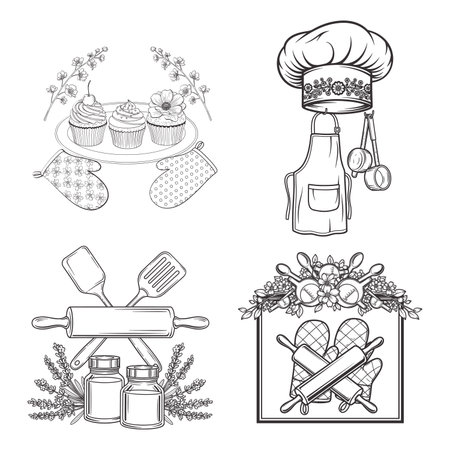 Detailed vector line art illustration set for baking themes. Features cupcakes oven mitts a chef hat with apron rolling pins with spatulas spices surrounded by lavender and a frame with spoons and kitchen tools.のイラスト素材