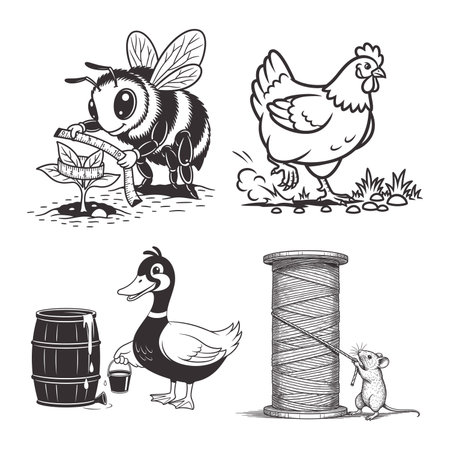 Vector collection of four designs featuring a bee measuring a plant a chicken scratching ground a duck with water barrel and a mouse with thread spool suitable for farm themesのイラスト素材