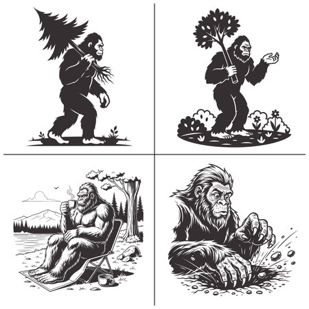 bigfoot eco guardian cartoon set with carrying tree sapling relaxing by lake with coffee planting young tree and digging ground in bold black and white line art for nature lover t shirt designのイラスト素材