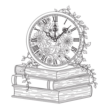 elegant vintage books and clocks illustration set with pocket watch on stacked books rose wreath clock hardcover book with floral alarm and open storybook timepiece in detailed black and white line artのイラスト素材