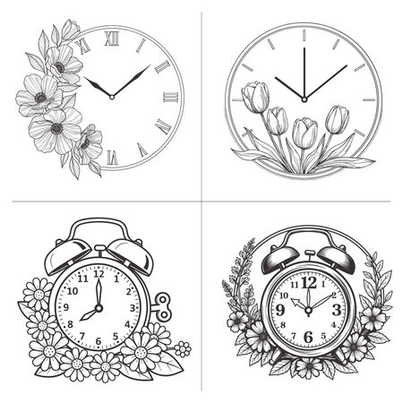 elegant floral clock and watch illustration set with pocket watch alarm clock roman numeral wall clock and daisy flower clock face in detailed black and white line artのイラスト素材