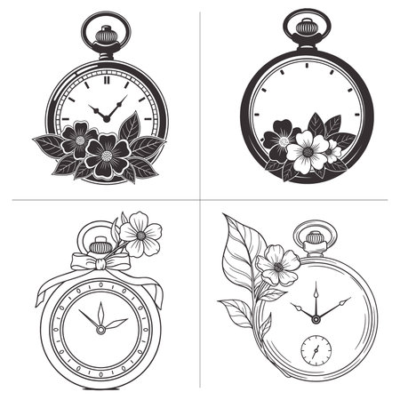 elegant floral clock and watch illustration set with pocket watch alarm clock roman numeral wall clock and daisy flower clock face in detailed black and white line artのイラスト素材