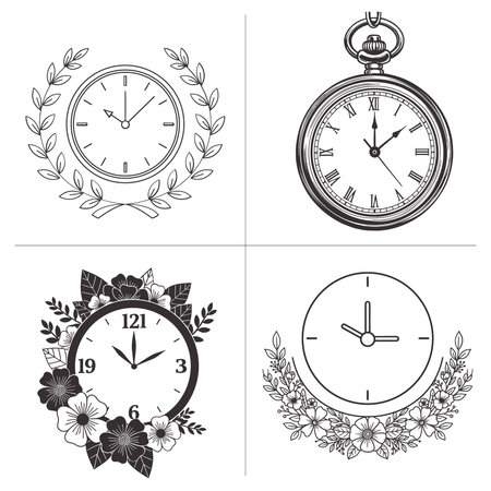 elegant vintage books and clocks illustration set with pocket watch on stacked books rose wreath clock hardcover book with floral alarm and open storybook timepiece in detailed black and white line artのイラスト素材