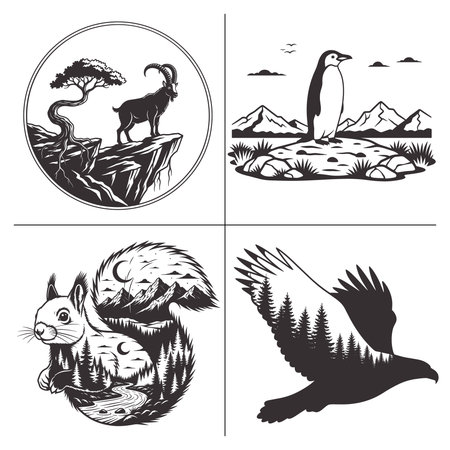 Set of emblems with wild animals and birds. Vector illustration.のイラスト素材