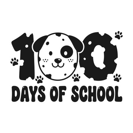 100 days of school Dogs of school. Black and white vector illustration. Isolated on white background.のイラスト素材