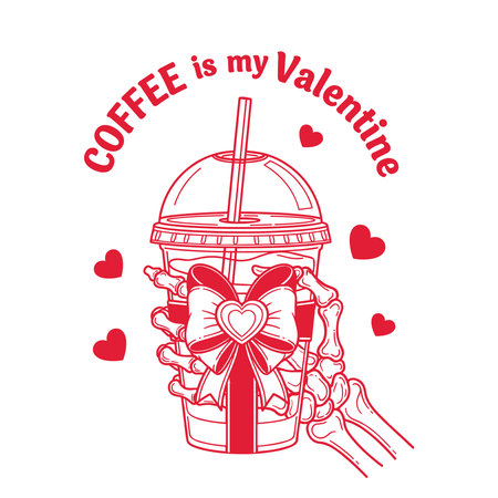 edgy coffee lover valentine design featuring a to go iced coffee cup wrapped in a bow and held by skeleton hands with the phrase coffee is my valentine surrounded by hearts perfect for baristas goth coffee fans antiâvalentine shirts and cafe merchのイラスト素材