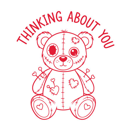 playful gothic valentine design featuring a stitched voodoo style teddy bear covered in heart patches and pins with the phrase thinking about you in curved lettering perfect for antiâvalentine fans spooky cute shirts mugs and alternative romantic giftsのイラスト素材