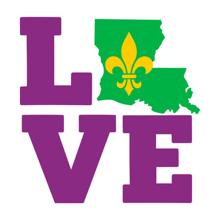 bold louisiana love design featuring large purple block letters spelling love with the o replaced by a green louisiana state silhouette decorated with a gold fleur de lis perfect for louisiana pride shirts mardi gras outfits and home state fansのイラスト素材
