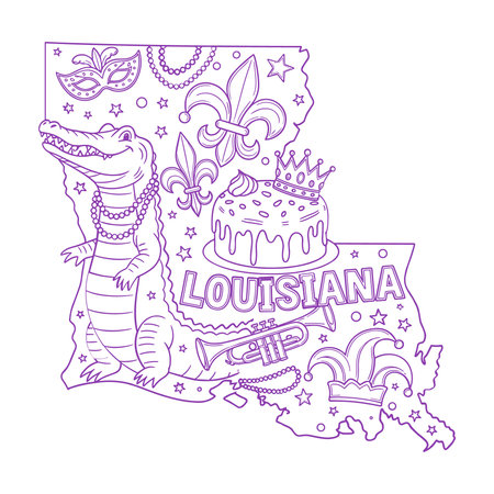 festive louisiana mardi gras design featuring the state outline filled with an alligator in beads fleur de lis king cake trumpet masks crowns beads and stars with bold louisiana lettering perfect for carnival parade shirts new orleans souvenirs and party decorのイラスト素材