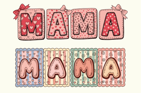 cute mama design with cookie style bubble letters on stitched pastel patches decorated with bows hearts and stripes perfect for mothers day cards baby shower decor kids apparel stickers and sublimation gifts for momのイラスト素材