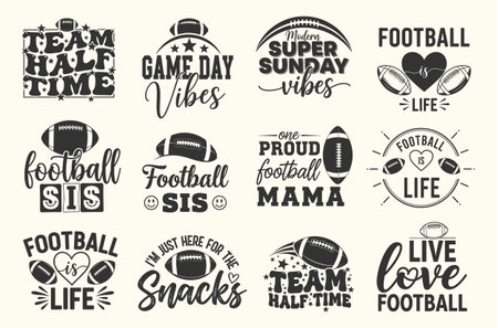 football quote bundle featuring team halftime slogans game day vibes and modern super sunday vibes plus football sis and proud football mama sayings football is life graphics im just here for the snacks and live love football designs perfect for super bowl shirts family game day outfits mugs and tailgate party decorのイラスト素材