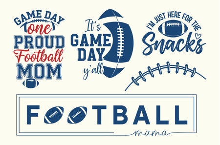 navy and red football quote bundle featuring game day one proud football mom design its game day yall slogan im just here for the snacks script and minimalist football mama word art with balls inside the letters perfect for super bowl shirts moms game day outfits mugs and tailgate party decorのイラスト素材