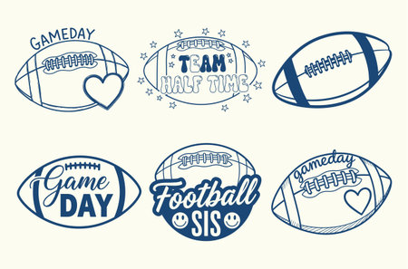 cute navy blue line art football bundle featuring gameday balls with hearts team halftime slogan football sis design with smiley faces and bold game day typography perfect for super bowl shirts kids apparel stickers and sporty sublimation craftsのイラスト素材