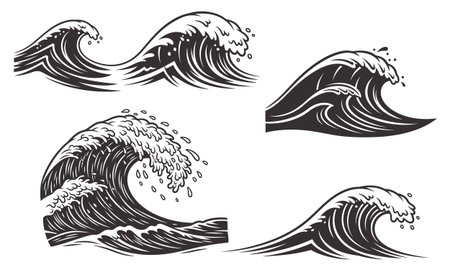 Set of black and white sea wave icons isolated on white background.のイラスト素材