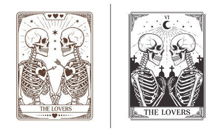 Two different vector illustrations of "The Lovers" tarot card. Features skeletons as a romantic couple with skulls, holding hands and flowers, a cupid skeleton, and detailed borders. Perfect for apparel, t-shirts, and mystical graphic design.のイラスト素材
