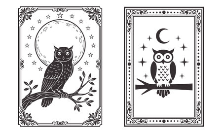 Owl and moon. Black and white vector illustration for coloring book.のイラスト素材