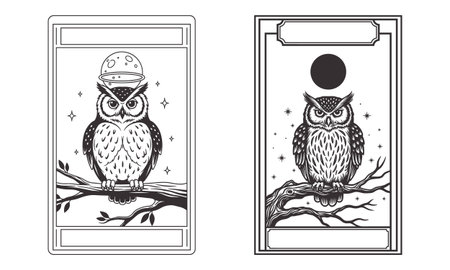 Owl in a helmet on a tree branch. Black and white vector illustration.のイラスト素材