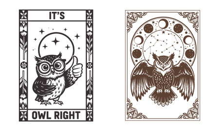 Owl and moon. Black and white vector illustration in vintage style.のイラスト素材