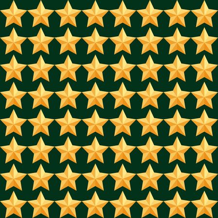 geometric seamless pattern, volumetric yellow golden five-pointed stars on a dark green background. vintage style vector pattern, multicolor retro illustration for wallpaper, fabrics, wrappingのイラスト素材